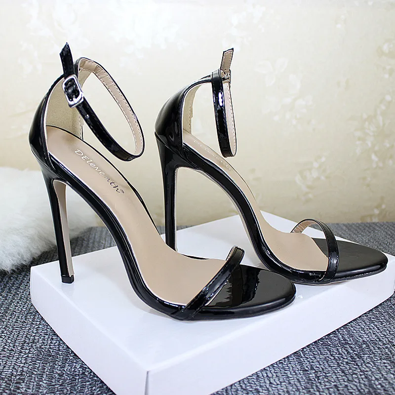 Sexy High Heels Sandals Women Sandale Fashion Open Toe Ankle Strap Leather Party Shoes 11CM Stiletto Heel Pumps Black White Red Apricot Size 35-43