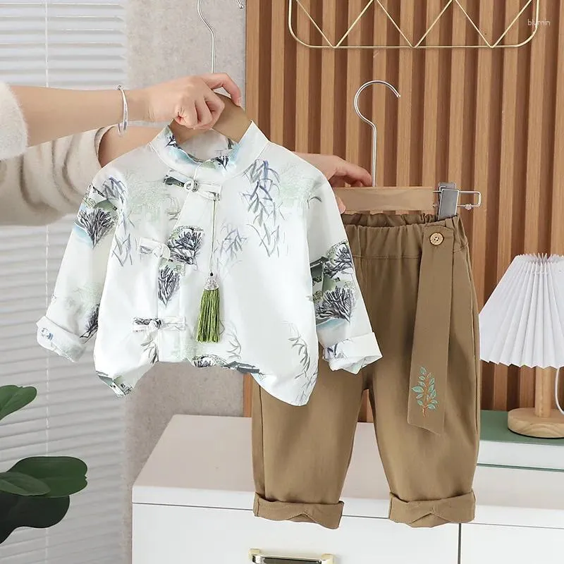Ensembles de vêtements 2024 Vêtements de bébé de printemps 2 à 3 ans Ensemble de survêtement pour l'enfant de style chinois imprimé à manches longues et pantalons garçons