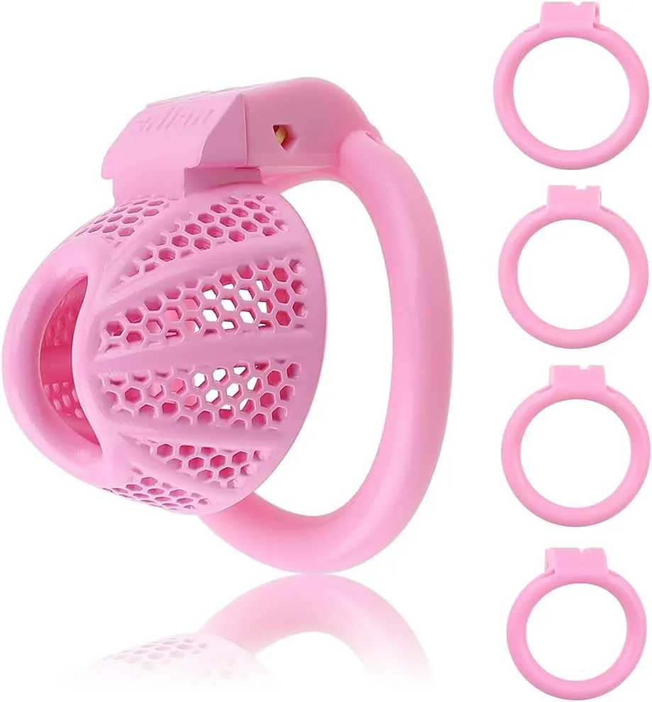 Cage de coq de dispositif de chasteté mâle - Cage de chasteté de résine rose légère et petite mise à niveau avec 4 cages en plastique amovibles différentes 2 touches, jouets sexuels pour