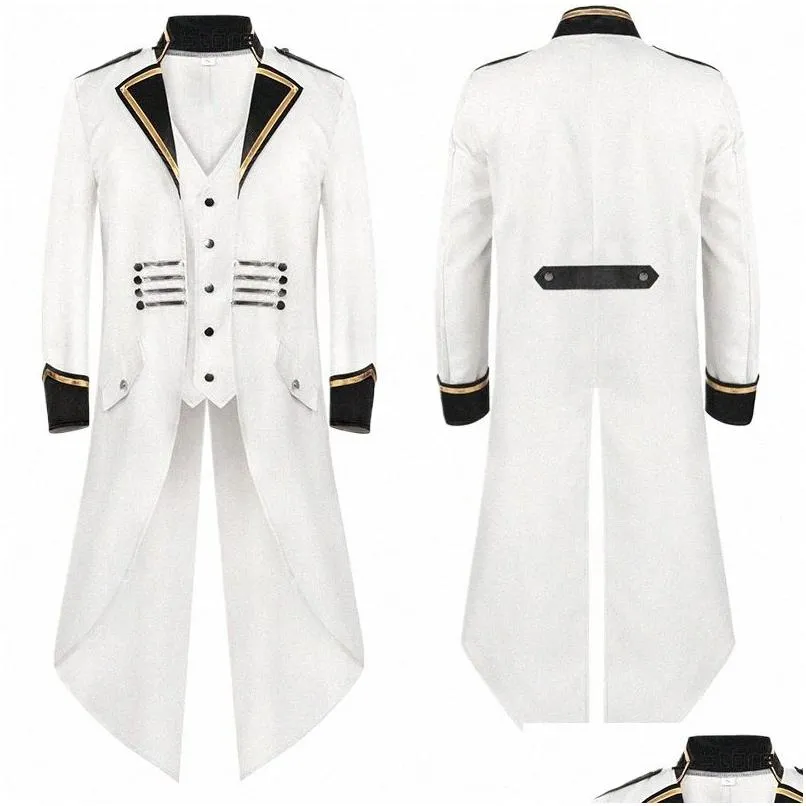 Trajes para hombres Blazers Nuevo para hombres Retro Tailcoat White LG Chaqueta Gótica Steampunk Cosplay Cosplay Disparo de vestido de vestir de un solo pecho l Dhbau