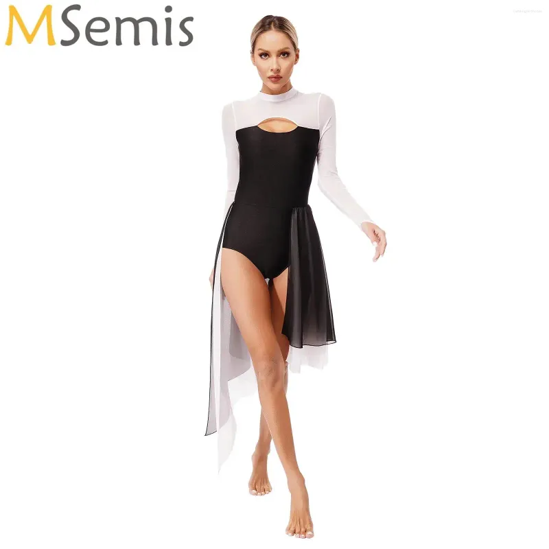 Bühnenbekleidung Figur Eislaufkleid Frauen moderne lyrische Tanzkostüm Mesh Longsleeve Unregelmäßige Ballett Lotard Performance Tanzkleidung