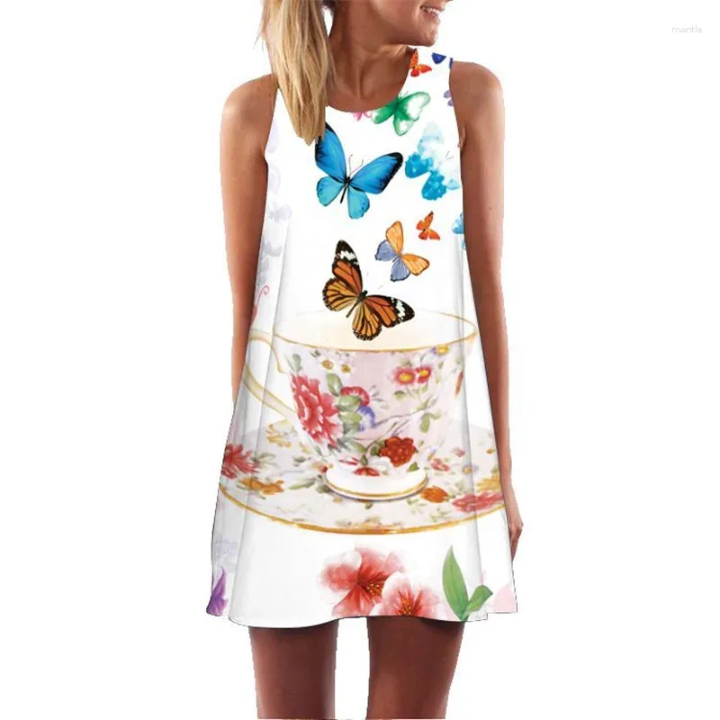 Casual Dresses O-Leader A-Line kjol Butterfly 3D Digital Printing Fashion Women's Beach Holiday Sun Vest Dress
