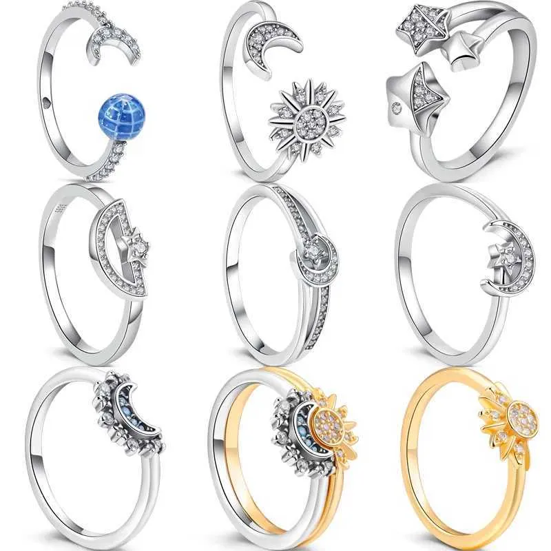 Anelli di banda autentica 925 Sterlsilver Stars Moon Sun Galaxy Starry Sky Charms Radiant Pantaro Ring Womens Luxury Lucky Love Jewelry Gift J240429