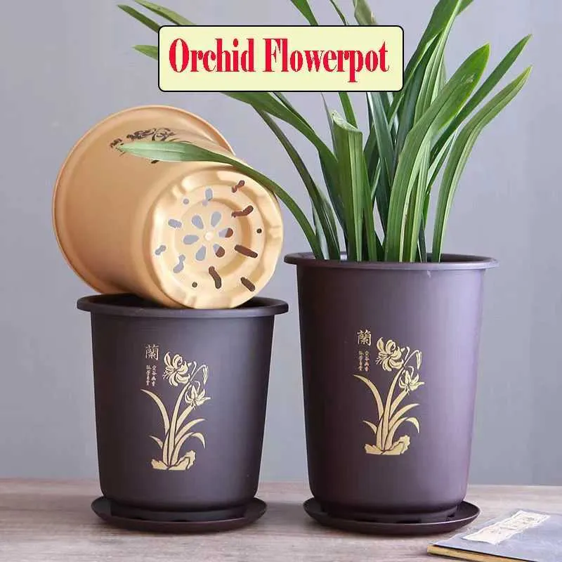 Planters potten orchideespecifieke bloemenpot parelvormig vast plastic ademende donkerblack orchidee met lade Q240429
