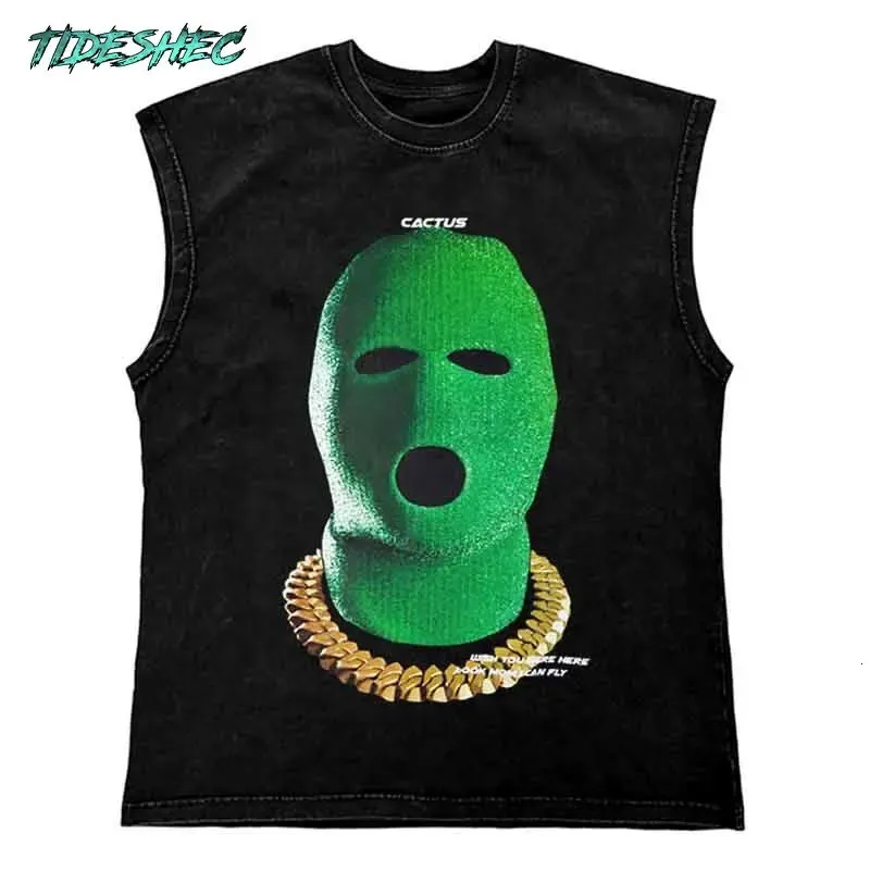 Vintage Headwear Tank Top Green Gangster Hood Graphic Print T Shirt Cotton Hip Hop Streetwear Oversize Pattern Washed Tops Vest 240425