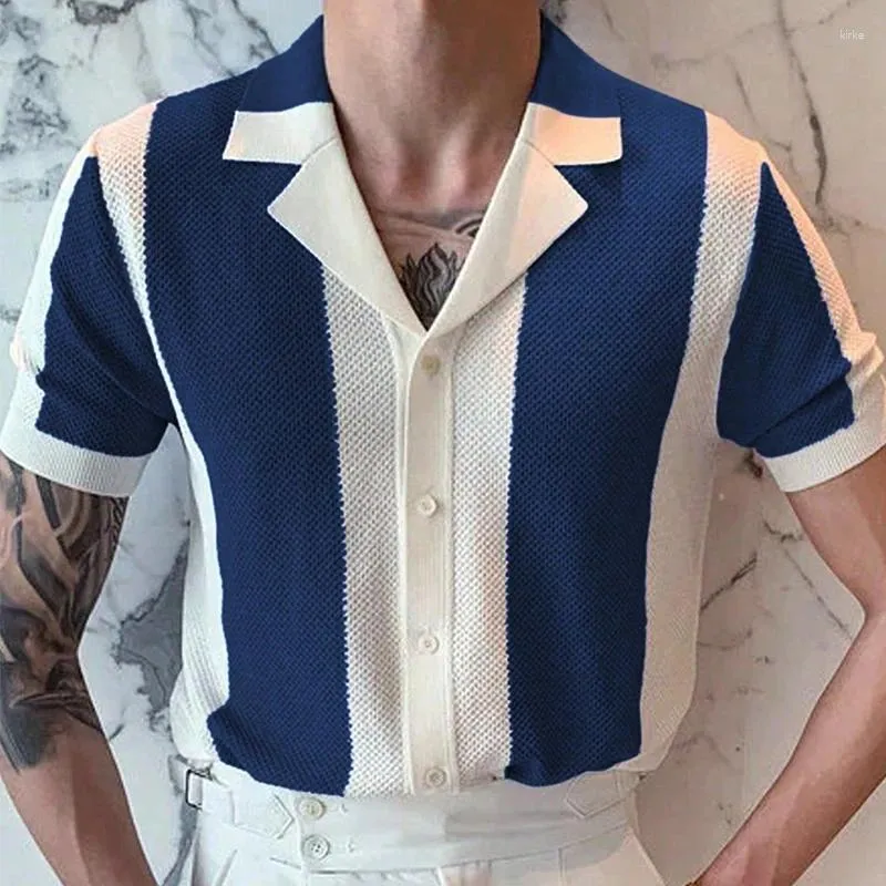 Camicie casual maschile camicia da uomo di lusso a maglia colore a strisce di contrasto jacquard tops a maglia da maglia da uomo cardigans estate manica corta abbottonatura