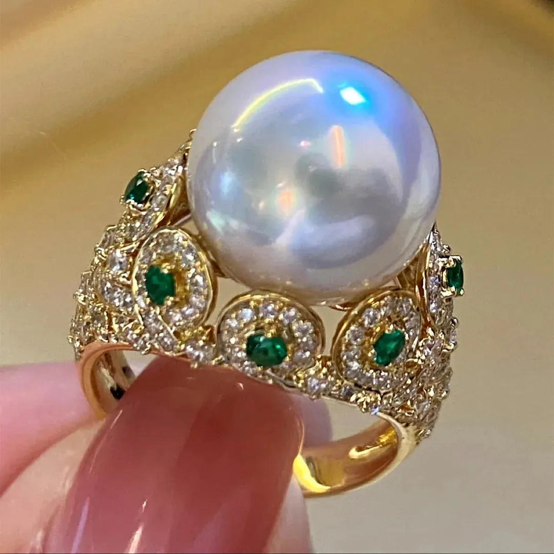 Big White Pearl Women Cocktail Anello da sposa K Yellow Gold Flower Round Girl Rings Anel Party Wedding Anniversary Jewelry 240422