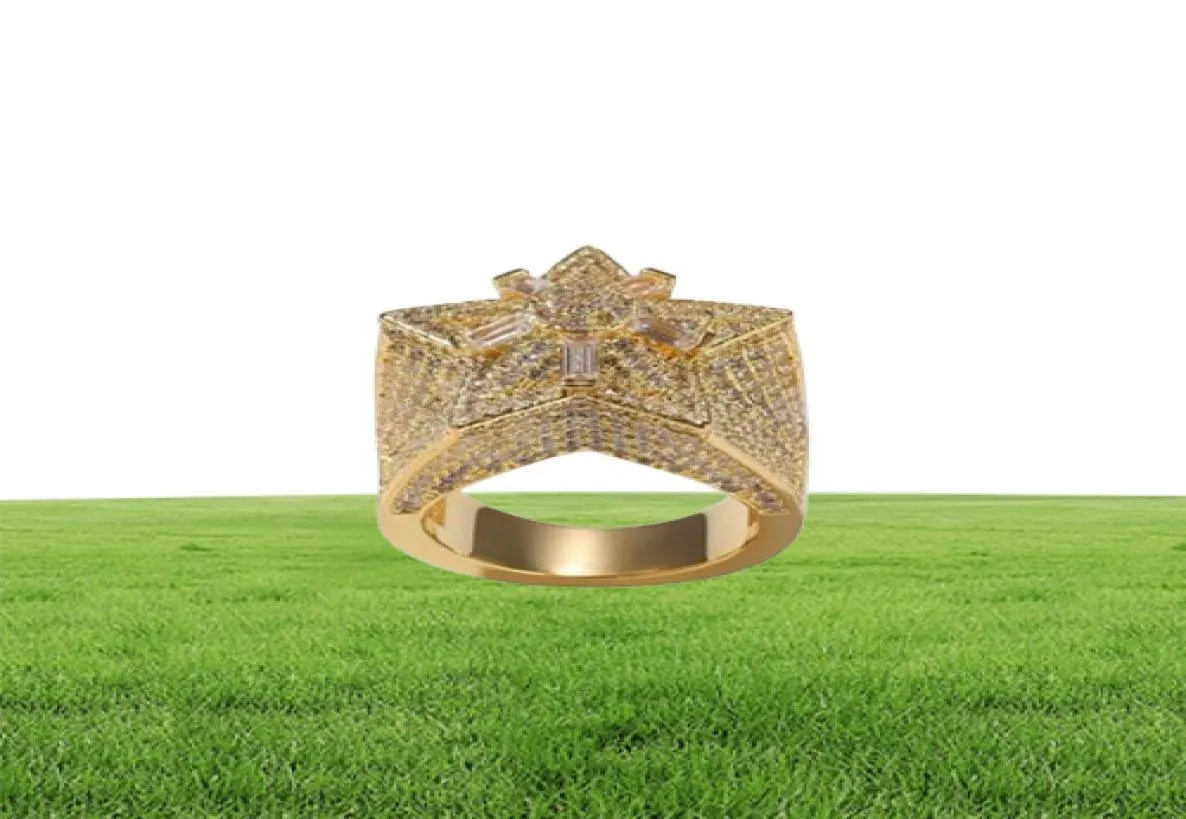 Mikro Pave Iced Cubic Zirconia Out Out Star Pierścienie dla mężczyzn Kobiety Hip Hop Gold Pierścień Wedding Pierścień Pełna diamentowa biżuteria 88162407512601