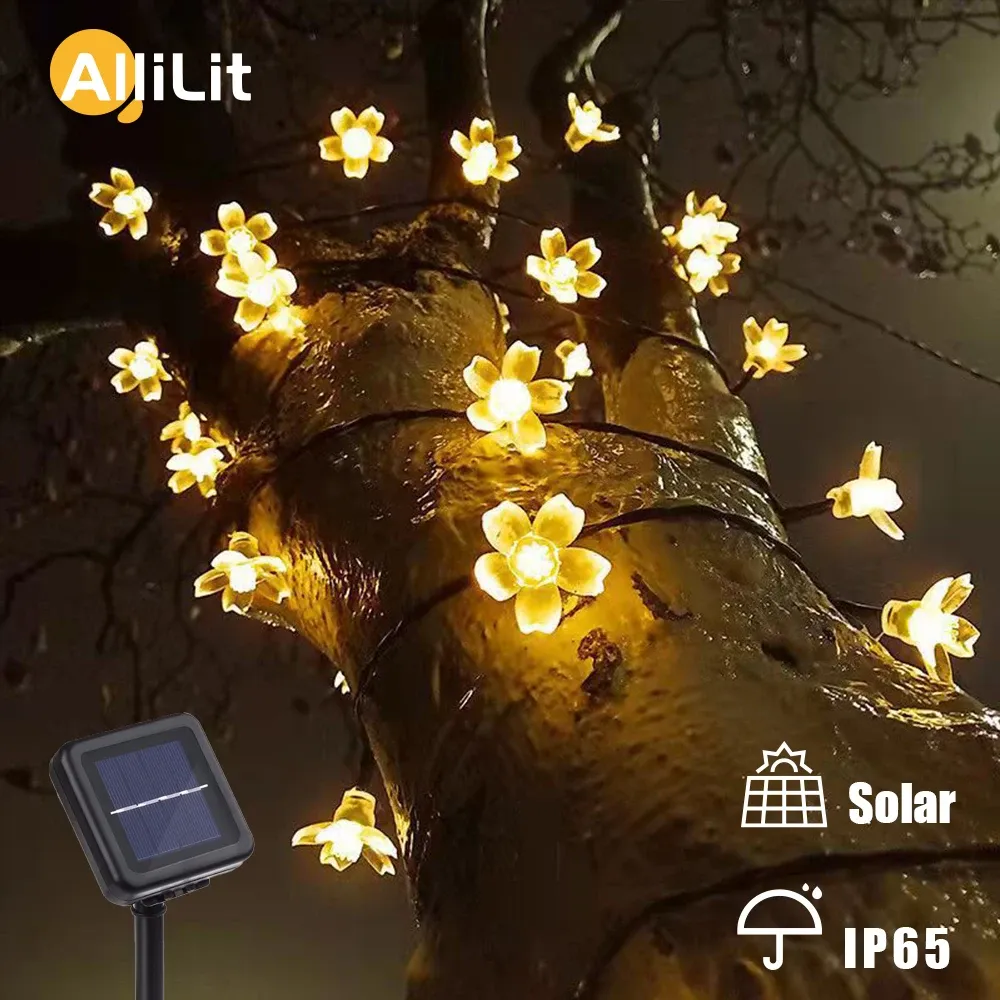 Dekorationen Solargirlanden Licht 5m 7m 12m Pfirsich Blume Solarlampe LED -Fee Feen Lichter 6 V Garten Weihnachtsdekor für Outdoor