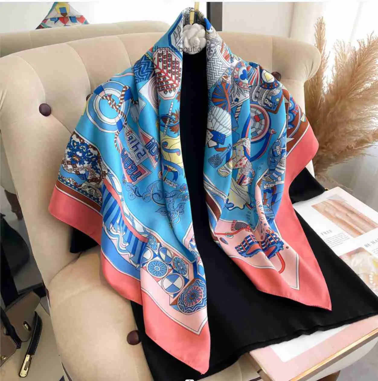 90x90cm Silk Scarf for Women Floral Print Headband Paris Shoulder Tote Bag Luggage Ribbon Head Wrap