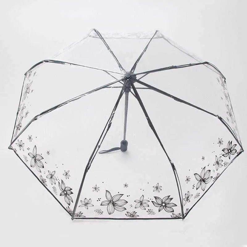 Parapluies transparents pliants transparents mignons mini-séries simples fraîches Sen Trifold Cherry Blossom Transparent Umbrella