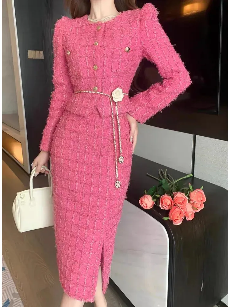 Rose-różowy garnitur damski moda swobodna kurtka średnia spódnica lekka luksusowy mały zapach dwuczęściowy zestaw 240425