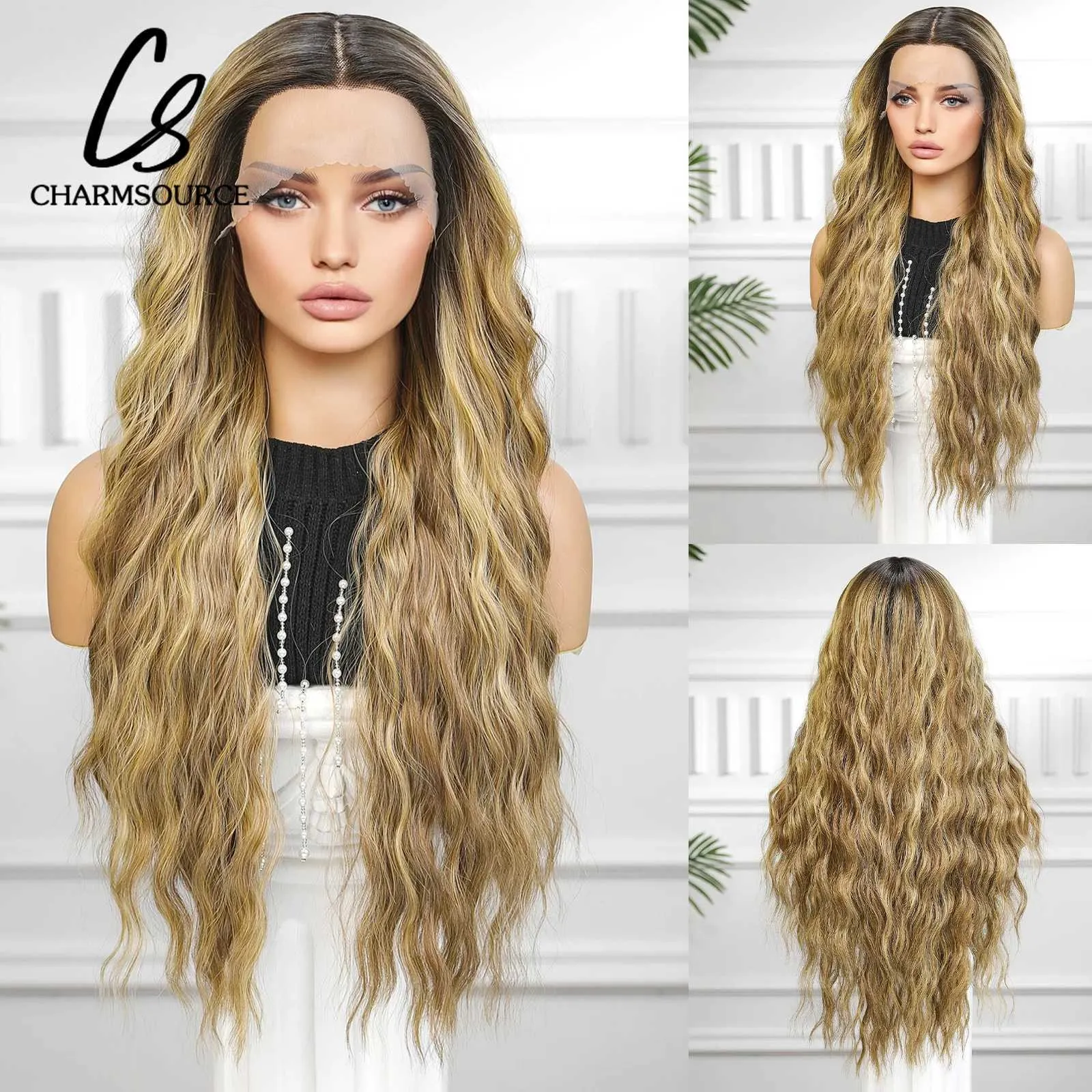 Синтетические парики Charmsource кружев передний парик коричневый Umbrey Blonde Synthetic Long Curly с темными корнями, подходящими для женской ежедневной ролевой ролевой ролевой игры Q240427