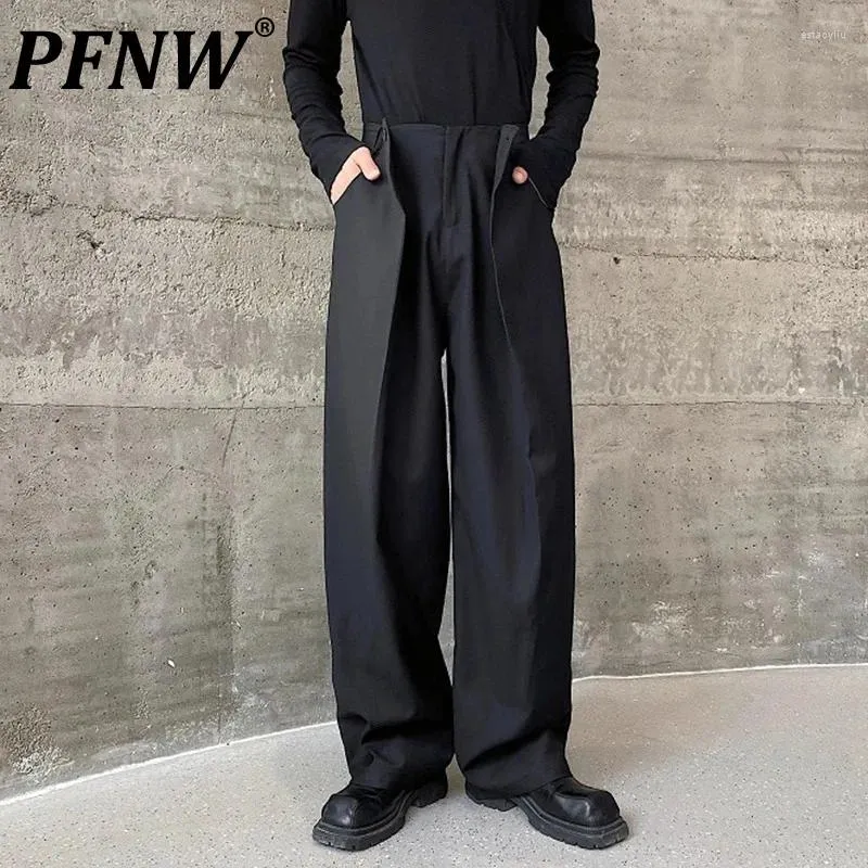 Pantalon masculin pfnw pantalon baggy décontracté automne plissé plissé à double gaine de niche de conception de conception de la jambe droite coréenne 9c2189
