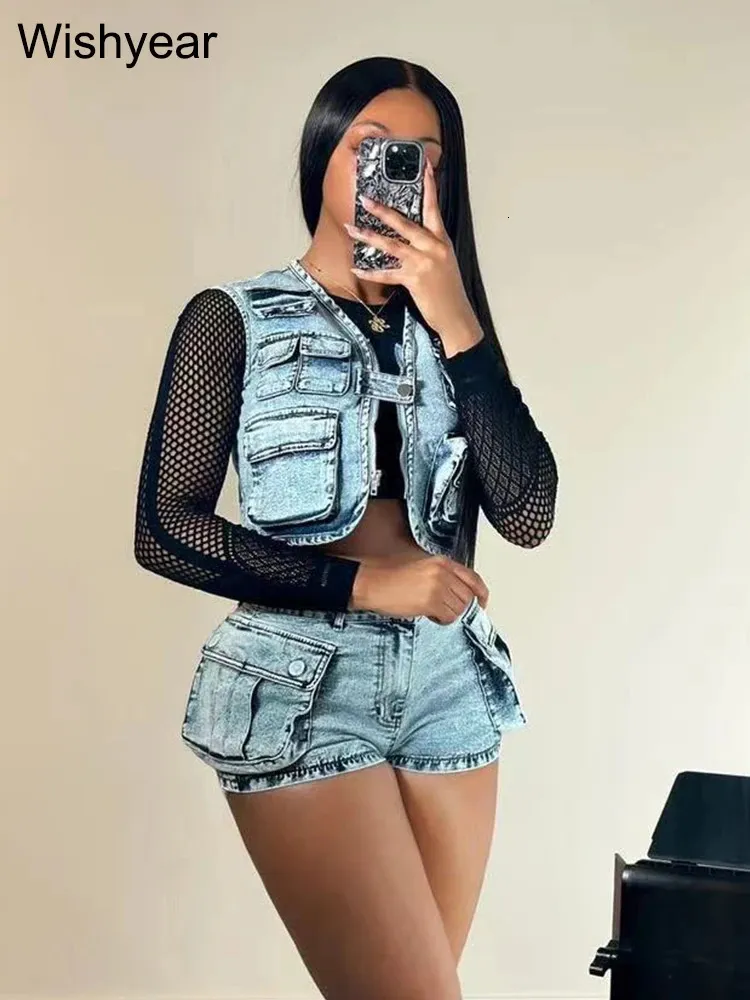 Sexy denim lading multi -zakken rits mouwloze vestjassen crop tops en shorts dames tweedelige set straat stretch jeans pak 240425