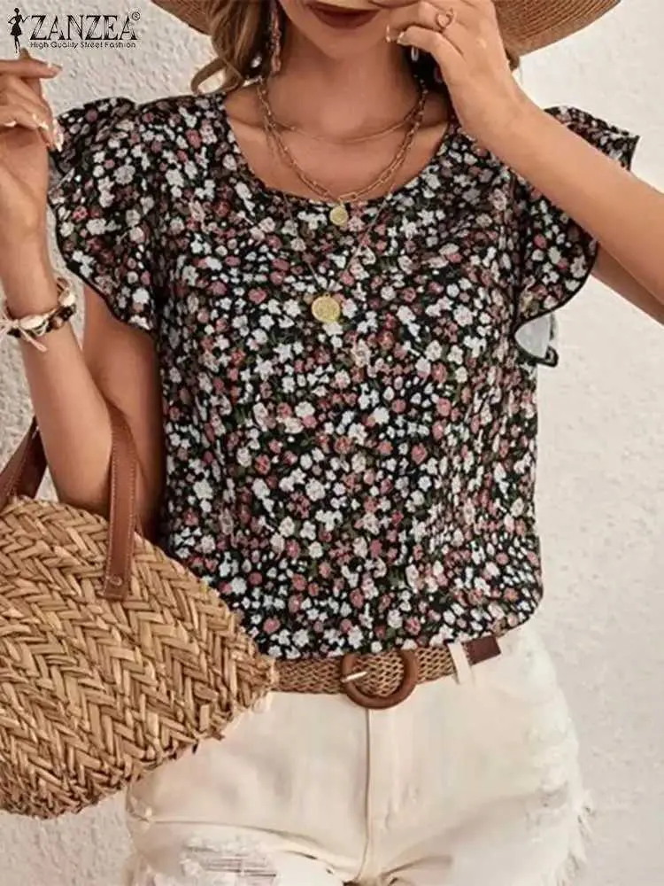 Frauenblusen Hemden Zanza Sommer elegant floraldruckgedruckte Bluse Frau Kurzer Slve O-Neck Tops weibliche Feiertagshemd Bohemian Casual Party Chemise Y240426