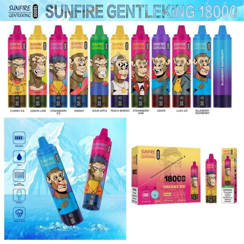 All'ingrosso Sunfire Gentleking 18000 sbuffi usa e getta 15k 18k 20k sbuffi enorme dispositivo pod a vape a vaporizzazione con design a schermo tornado da 15000 sbuffi sigarette e-sigarette USA USA