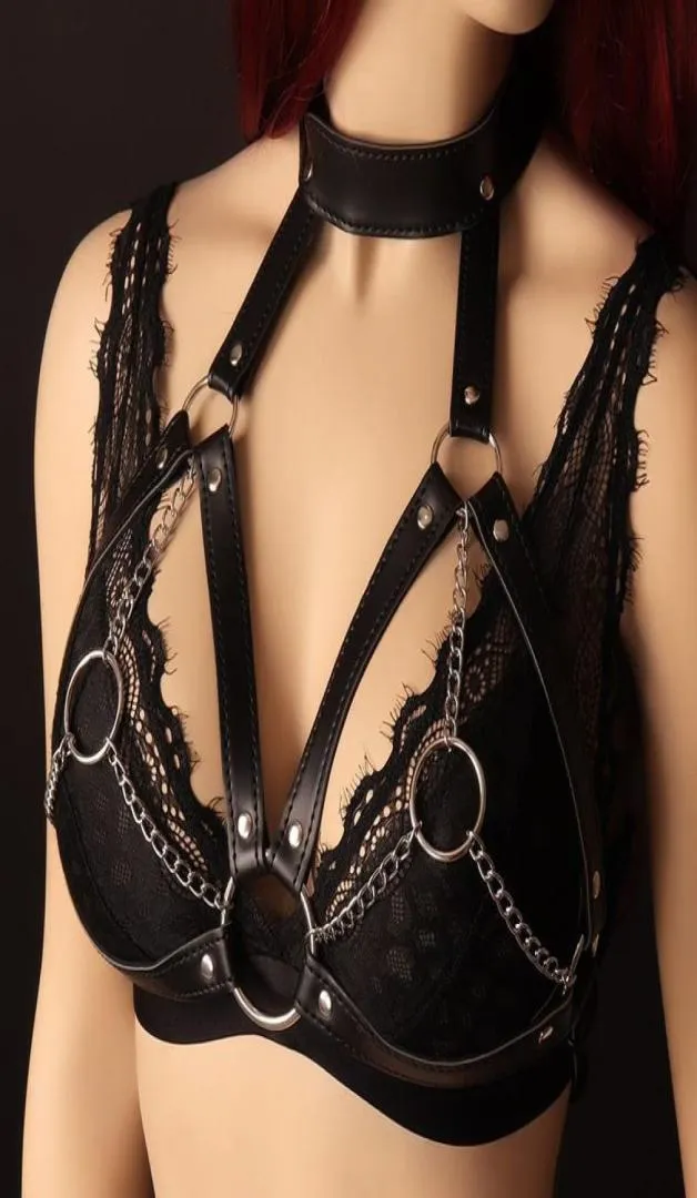 Women Leather Chain Lingerie Open Bust Body Harness Breast String BraWomen039s Sexy ClubwearBDSM Bondage Restraints Strap T28650208
