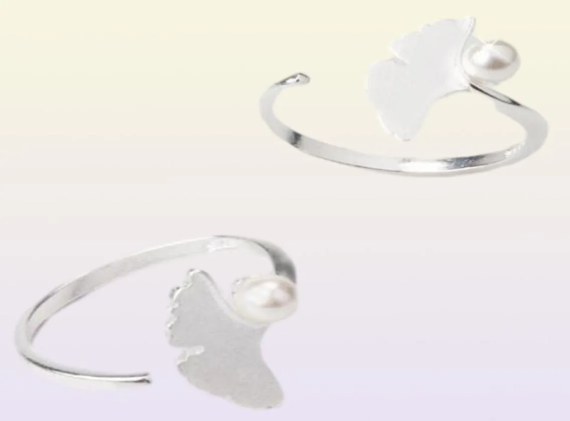 Anello di dita di apertura della pianta di foglia ginkgo d'argento antichi per donne ad anelli di nozze eleganti imitazione perla adorabile regalo22170245645922