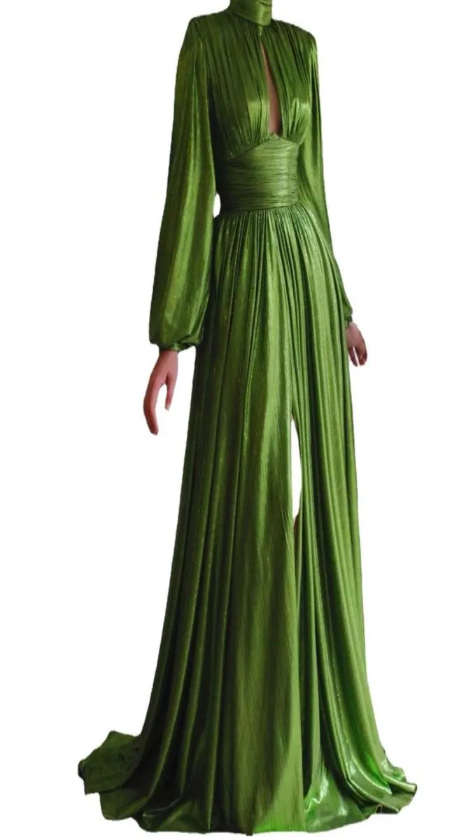 Casual Dresses Women Sexy Shiny Olive Green Boho Dress Spring Autumn Long Sleeve Evening Party Elegant Maxi Slit Big Swing Formal 6426178