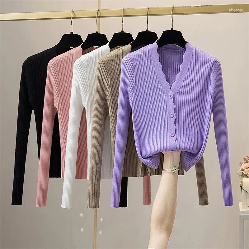 Women's Knits Wave V-neck Black White Pink Purple Cardigan Women Spring Autumn Korean Style Elegant Ladies Thin Slim Fitted Knit Sweater Top