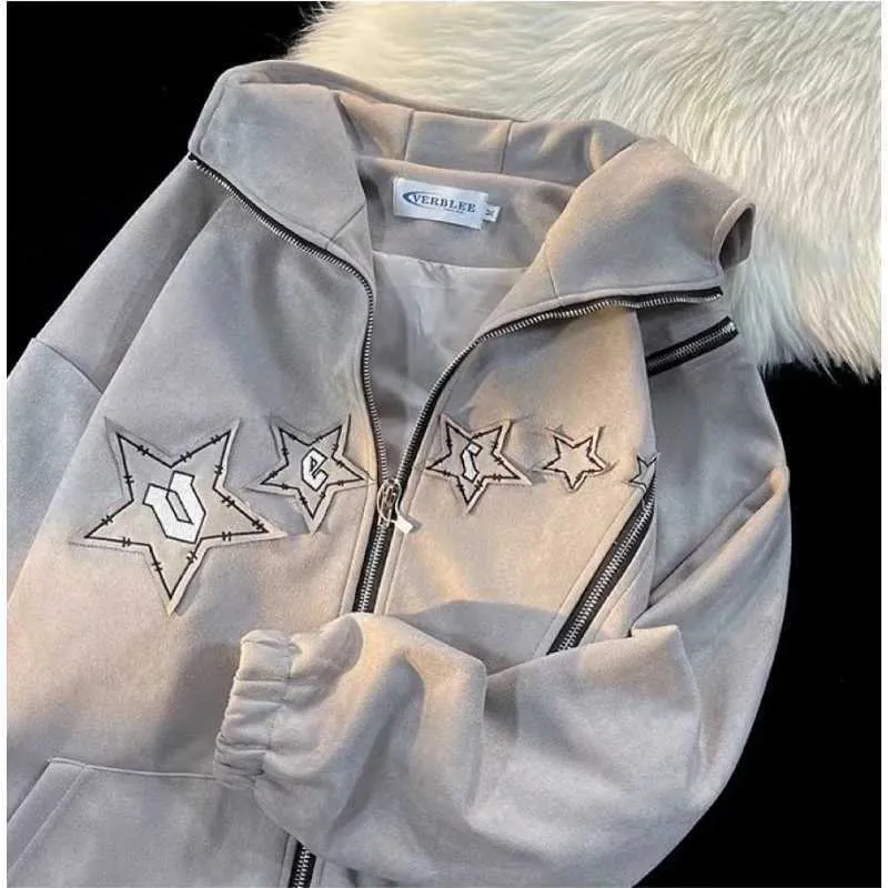 Herren Hoodies Sweatshirts Retro Strt Patch Star Doppel Reißverschluss Hoodie Frau Y2K High Super Dalian Hut Sweatshirt Hip-Hop Punk Wear H240429