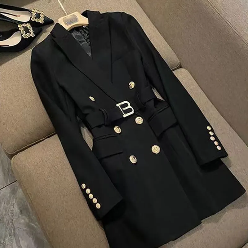 New summer trench coat women designer suit dress French classic slim top coat solid color office buttons