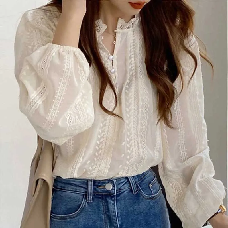 Damenblusen Hemden koreanische Style Chic Spitzenhemd für Frauen Aprikosenbluse Elegante Puff Slve SWT Shirt Neue Modfeder 202418547 Y240426