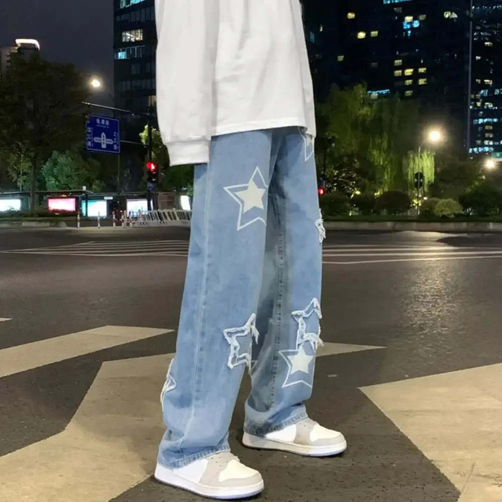 Men Denim Pants Five-pointed Star Pattern Embroidery Loose Wide Leg Streetwear Solid Mid Waist Baggy Jeans Straight Trousers 240426
