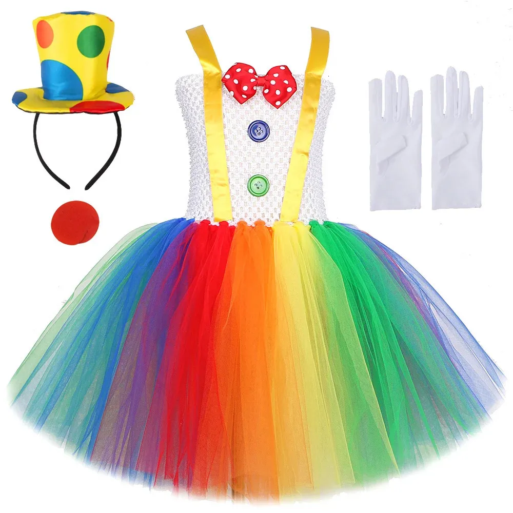 Traje de palhaço do arco -íris para meninas, brincalhão, vestido de halloween tutu para crianças, roupa de festa de aniversário, roupas de criança, roupas de criança 240429