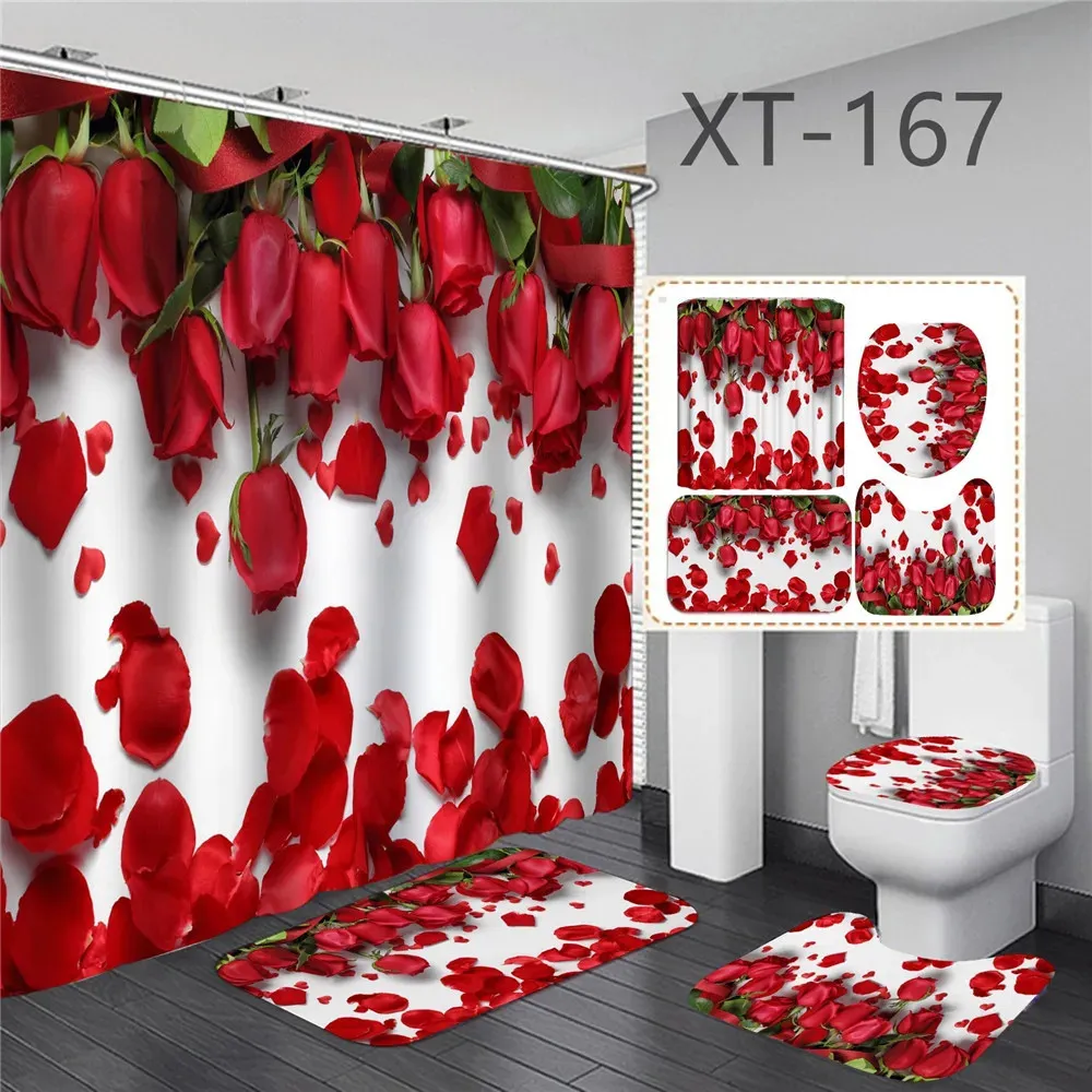 Cyfrowy druk cyfrowy Czerwony Rose Kwiat prysznicowy Wodoodporny poliestrowe zasłony krajobrazowe zasłony prysznicowe łazienka i zestaw dywanów 240423