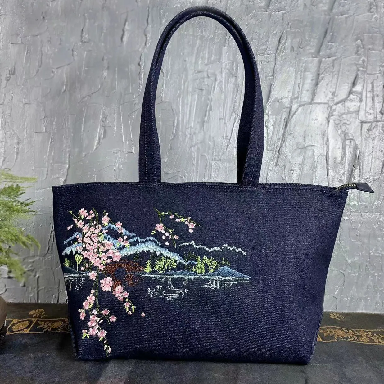 Attraction touristique sac de style ethnique Broidered Denim Tissu épaule Bag de femme Sac à main rétro de style chinois littéraire Hanfu