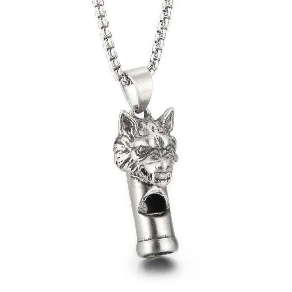 Gothic Wolf Head Whistle Necklace Pendant gieten roestvrijstalen Rolo -keten sieraden voor herenjongens koele geschenken zilver gepolijste blin314c