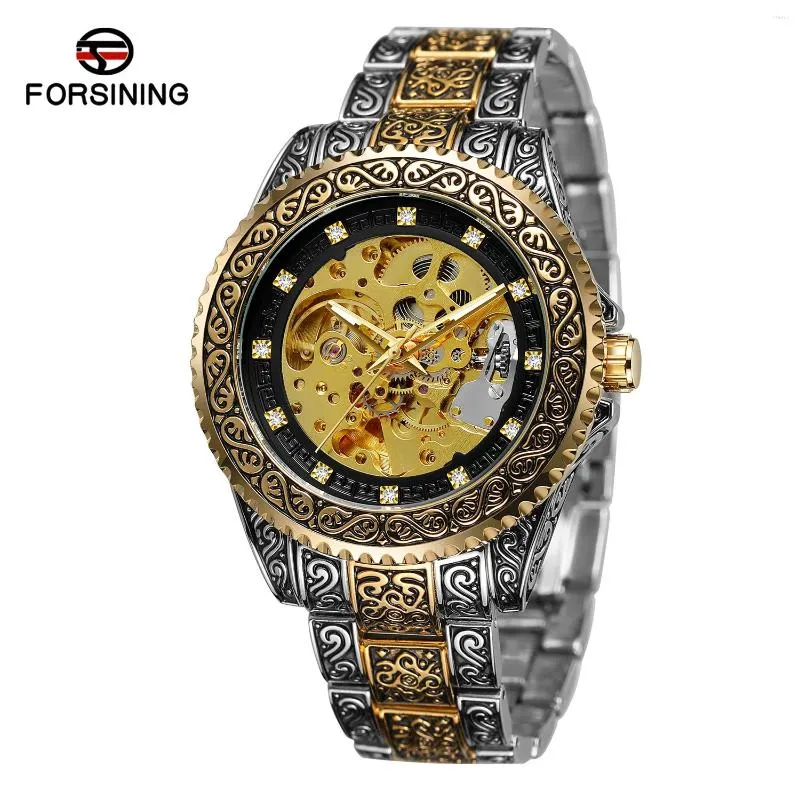 Polshorloges luxe kristal goud holle skelet mechanisch horloge mannen automatische vintage koninklijke mode gegraveerde auto pols horloges