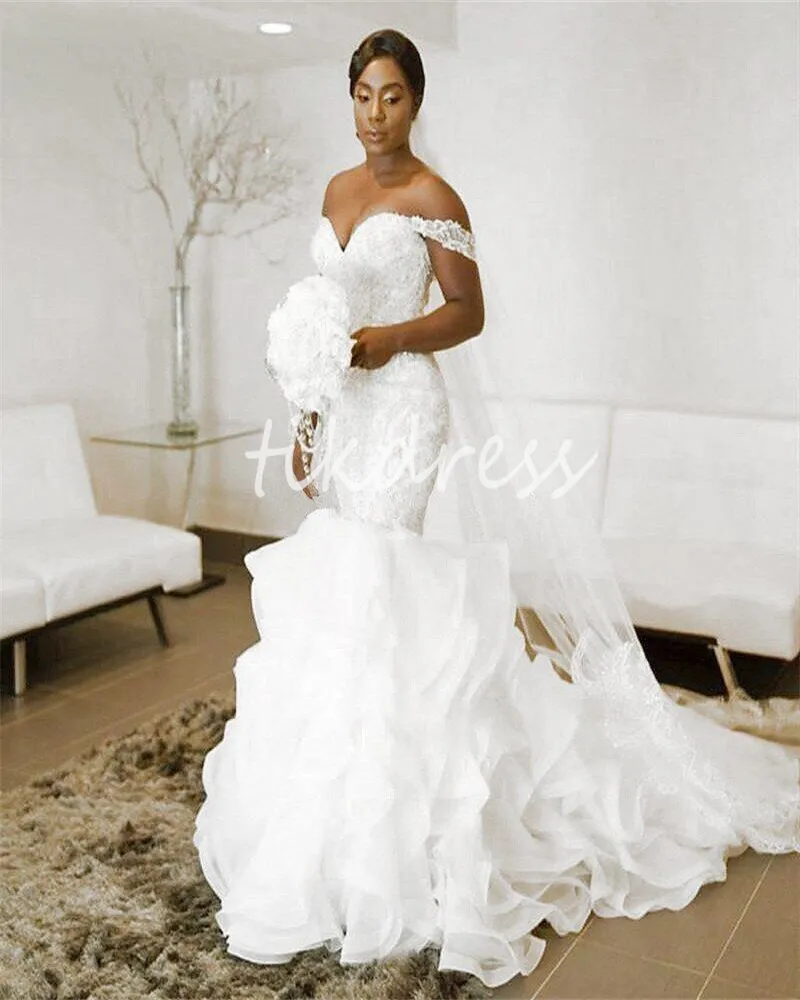 Underbara sjöjungfru Nigeria afrikanska bröllopsklänningar 2024 av axlarna Tiered Ruffles Plus Size Country Brudklänningar Elegant charmiga Vestios de Novias Robe Mariage