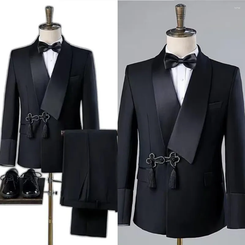 Costumes masculins Luxry Black Suit for Men Wedding Tassel châle repeuple un boutons Tuxedo Slim Fit Maridegroom 2 Piece (Blazer Pant)