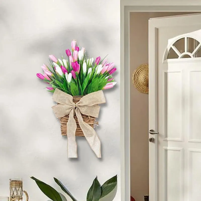 Flores decorativas Spring Wreath Wreath Tulip Tulip Home Decoration Garden Garden Front Door Cesto pendurado para o quintal de inauguração