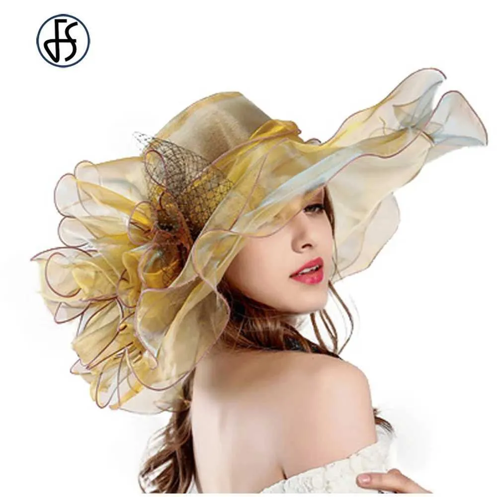 Wide Brim Hats Bucket Hats FS 2024 Fashion Summer Organza Kentucky Derby Hats For Women Elegant Ladies Wide Large Brim Church Wedding Hat With Big Flower Y240426
