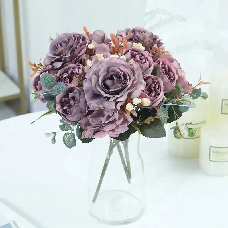 Gedroogde bloemen Docidaci Retro Silk Rose Artificial Flower Bouquet Hydrangea Peony Vintage Bruid Fake Plant Home Wedding Decoratie Accessoires