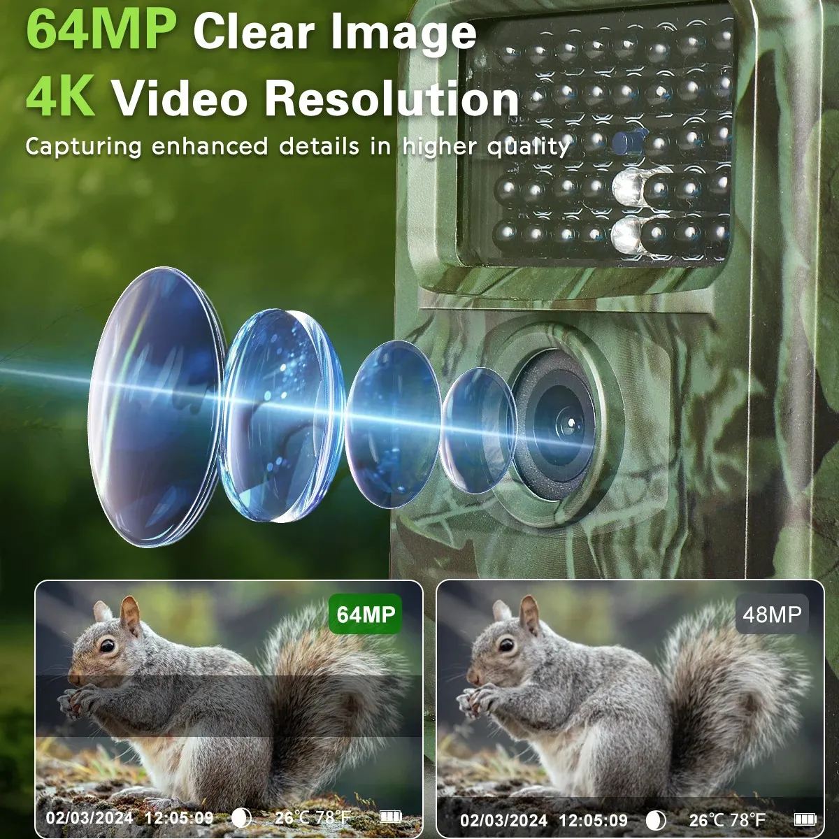 4K 64MP Trail Camera with No Glow Night Vision IP67 Waterproof Hunting 2 Inch Screen for Outdoor Wildlife Monitoring 240426