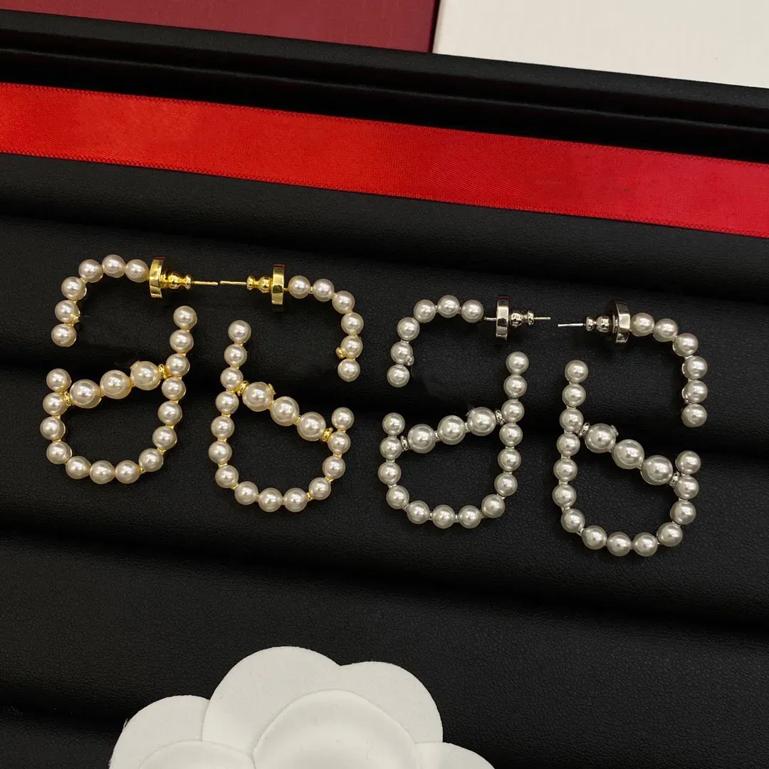 Gold Silver Color Women Designer Stud Earrings Full White Pearls Original Logo Luxury Trendy Brass Engagement Hoop Wholesale