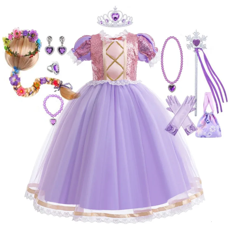 Girl Rapunzel Dress for Kid Halloween Princess Cosplay Costume for Birthday Party Gift Purple Sequins Mesh Clothing 240504