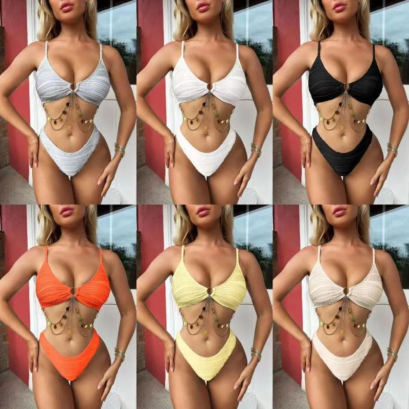 Mulheres femininas Mulheres 2pcs Sexy Bikini Swimsuits Suits Bathing Seter Summer Beach Gold Metal Chain Sling Bra Tops Thong Bottoms Brasileiro