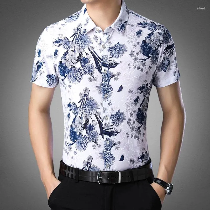 Casual shirts voor heren Blue Floral 3D Print Silky For Men Korte mouwen klassieke zomerkwaliteit zacht comfortabel alle match mode camisas