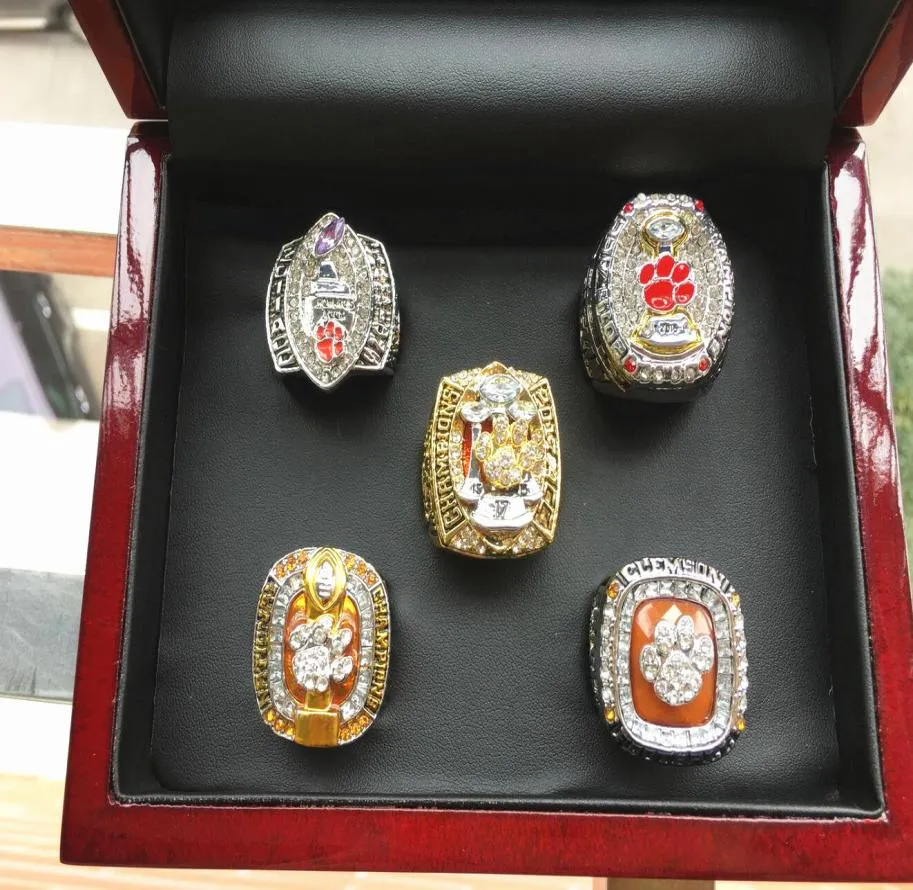 5 PCS Clemson Tigers National Ring Set avec Boîte d'affichage en bois Solid Men Fan Brithday Gift Whole Drop 6949529