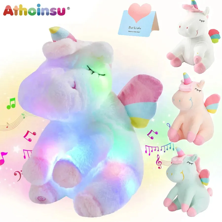 Athoinsu Rainbow Unicorn Gevulde Toys Dier Soft Music Plush Doll kleurrijk cadeau voor meisjes kinderen verjaardag LED decoratie 240416