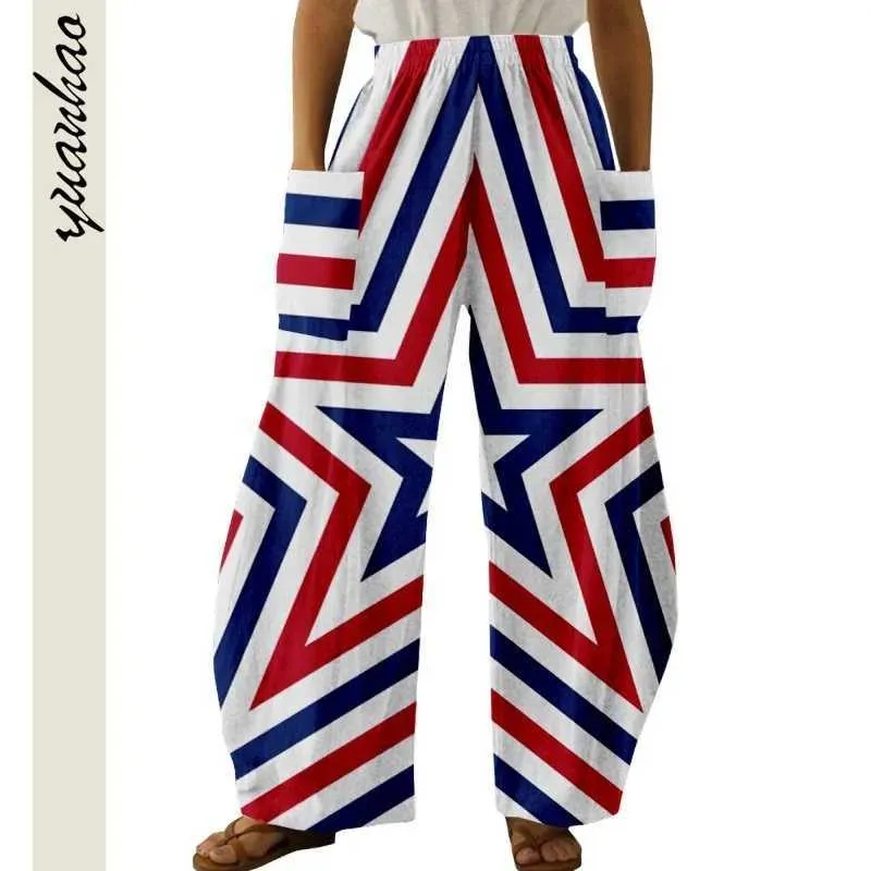 Spodnie damskie Capris American Flag Stripe Star Print Pants Fashion Kobiety Summer Big Direuse Strtwear Graphic Spoders Retro Lady Ubranie Dropshipping Y240429