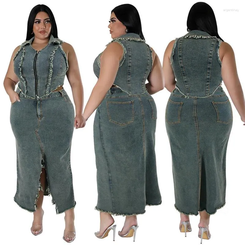 Рабочие платья плюс размер женская джинсовая юбка две части без рукавов на молнии