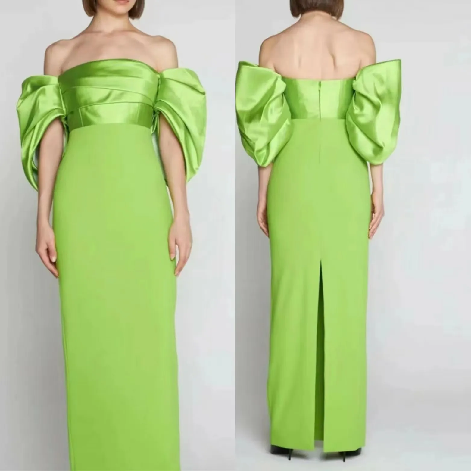Elegant Long Crepe Satin Green Evening Dresses with Slit Sheath Muslim Off Shoulder Pleated Ankle Length Zipper Back Prom Dresses Party Dresses for Women