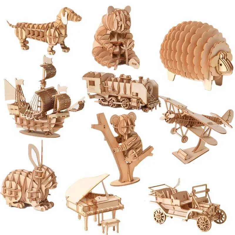 3D Puzzles Train Model 3D Träpussel leksaksmöte Animal Modell Byggnadssats Barn Vuxna och tonåringar Födelsedagspresent Träbyggnad Toyl2404